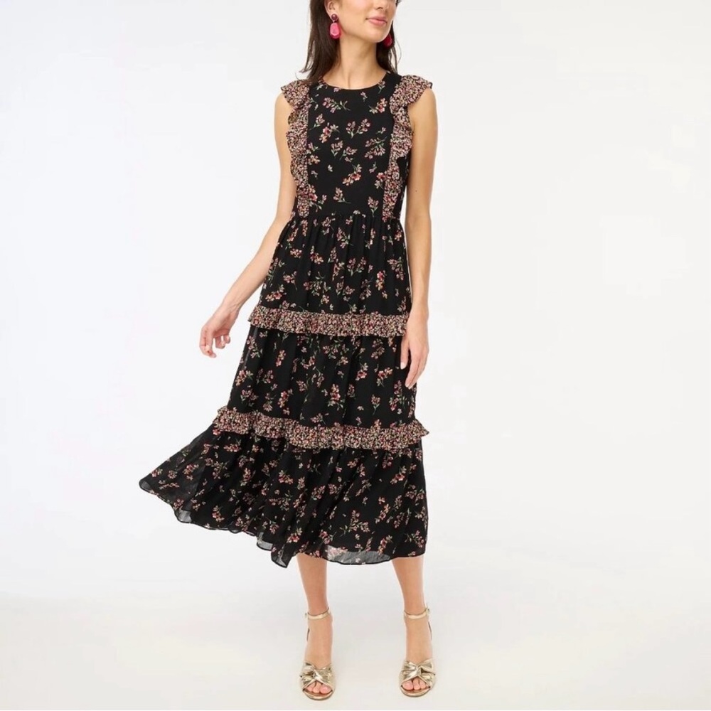 J. Crew Sleeveless Floral Ruffle Tiered Maxi Dress in Black Ditsy